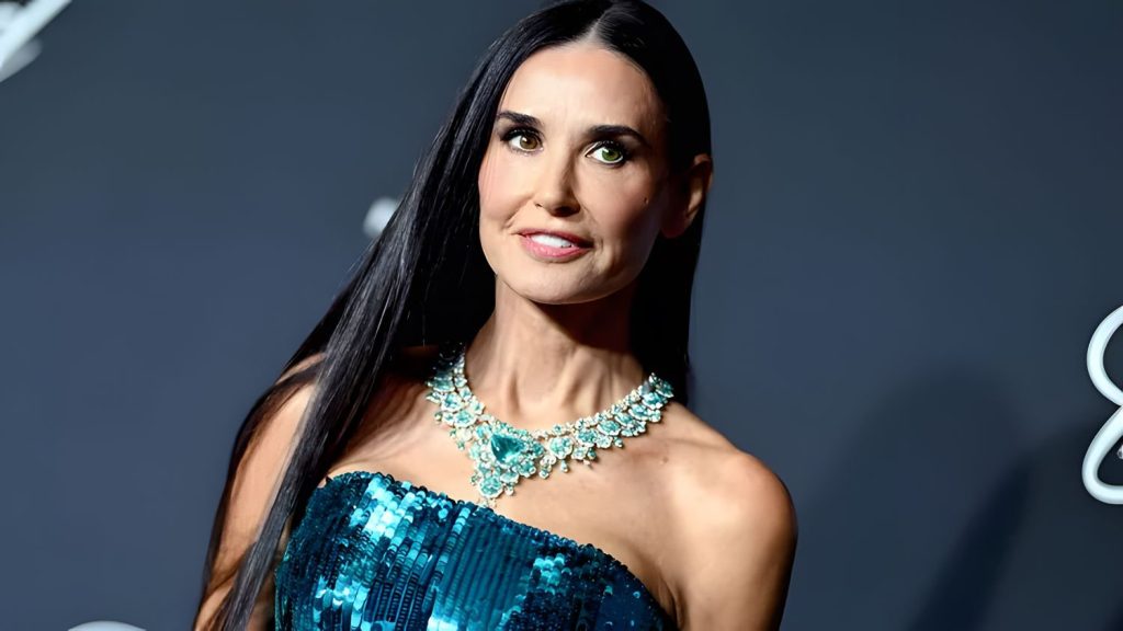 Demi Moore Wows in a Blue Mermaid Gown with a Striking Avant-Garde Hip Detail