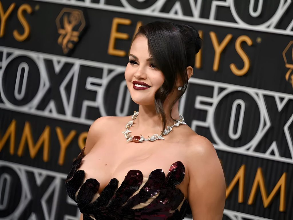 Selena Gomez's Black Cherry Nail Art Complements Her Emmys Sheer Dress